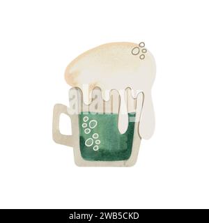 Tazza di vetro di birra verde con alta schiuma. Birra. Simbolo dell'Irlanda. St.Patrick 's Day. Illustrazione ad acquerello isolata in stile vintage Foto Stock