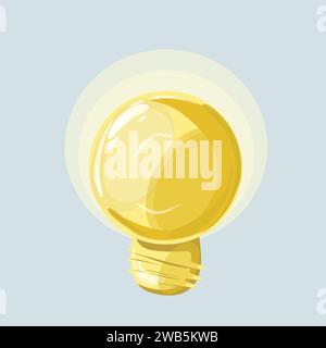 Lampadina gialla brillante con luci, ombre e alone giallo luminoso su sfondo blu. Vettore Illustrazione Vettoriale