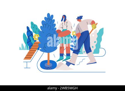 Sostegno reciproco: Miglioramento del cantiere comunitario - moderno concetto di vettore piatto illustrazione di persone che piantano alberi e piante Una metafora di colla volontaria Illustrazione Vettoriale