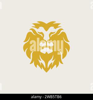 Un logo decorativo con un leone dorato e regale rivolto verso la parte anteriore. Illustrazione Vettoriale