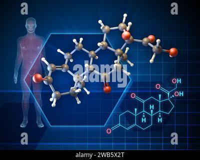 Formula della molecola di cortisone e diagramma 3D. Illustrazione digitale, rendering 3D. Foto Stock