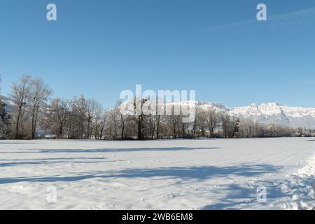 Vaduz, Liechtenstein, 3 dicembre 2023 atmosfera invernale celeste nella valle del reno in una giornata di sole con un cielo azzurro Foto Stock
