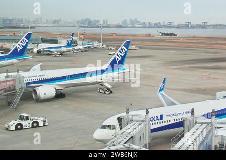 I funzionari indagano su un Airbus A350 della Japan Airlines bruciato dopo una collisione con un aereo della Guardia Costiera giapponese all'aeroporto internazionale di Haneda a Tokyo, in Giappone, il 3 gennaio 2024. Credito: AFLO/Alamy Live News Foto Stock