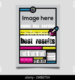 Poligrafia identità servizio di stampa vettore di progettazione cmyk. Carta in una stampante. Impostare la copertina del volantino, piegata in tre, striscione, striscione arrotolato, biglietto da visita Illustrazione Vettoriale