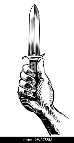 Mano con pugnale. Illustrazione in bianco e nero disegnata a mano in stile retrò Foto Stock
