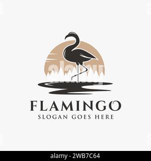 Illustrazione del paesaggio del lago e del logo flamingo su sfondo bianco Illustrazione Vettoriale
