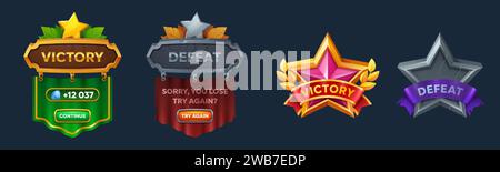 Icona della schermata di gioco dell'interfaccia utente di vittoria e sconfitta con barra multifunzione. Emblema vettoriale in legno RPG con stella per vincere e perdere le risorse distintive medievali. Rosa decorativo di successo b Illustrazione Vettoriale