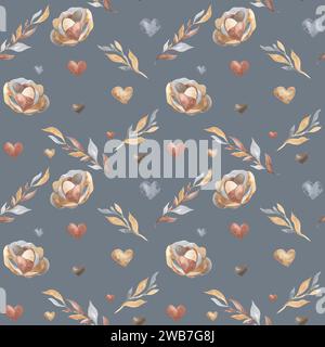 Acquerello Rosa fiore e foglie astratto motivo senza cuciture. Grandi fiori di pesca con essiccato. Composizione beige pastello in moderno stile boho. Pitture a mano Foto Stock