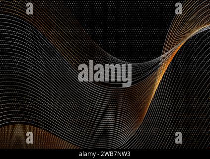 Linee ondulate dorate e argentate e punti sfondo astratto. Design tecnico delle onde curve vettoriali Illustrazione Vettoriale