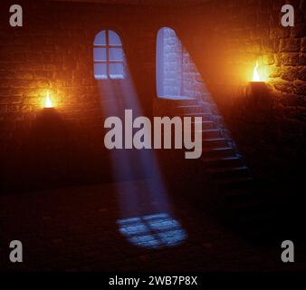 All'interno di un vecchio castello di pietra di notte al chiaro di luna. Foto Stock