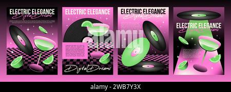 Set di poster elettronici y2k per feste musicali. Illustrazione vettoriale realistica dei volantini dei nightclub, striscioni dei concerti con bicchieri da cocktail, vassoi in vinile, stelle scintillanti su sfondo rosa, arte in stile retrò Illustrazione Vettoriale