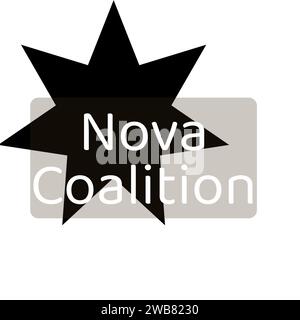 Testo della coalizione Nova in bianco su stella nera e logo del rettangolo grigio su sfondo bianco. Business, partnership, logo e design dell'identità del marchio, cifra Foto Stock