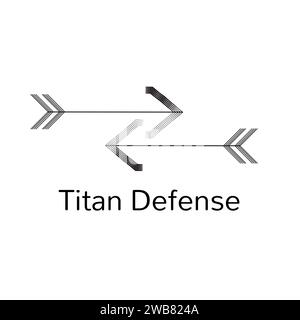 Testo difensivo Titan in nero con logo con due frecce decorative su sfondo bianco. Forza, azienda, protezione, design del logo e dell'identità del marchio, cifra Foto Stock