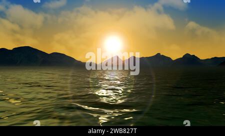 Sole sul mare con le montagne Foto Stock