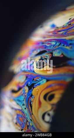 Miscela di vernice. Sfera olografica. Colore blu/arancione sfocato macchiatura bolla olio fluido mix Wave motion texture marmo su sfondo nero scuro astratto Foto Stock