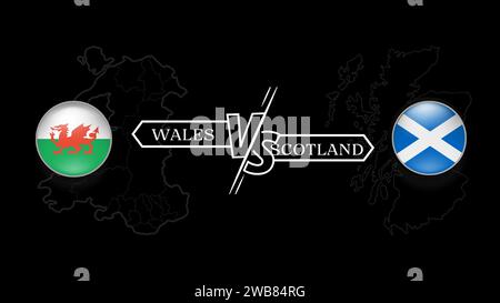 galles contro Scozia nel quinto round del torneo di rugby, bandiera del paese a forma di cerchio e mappa del paese su sfondo nero. Modello vettoriale. Illustrazione Vettoriale