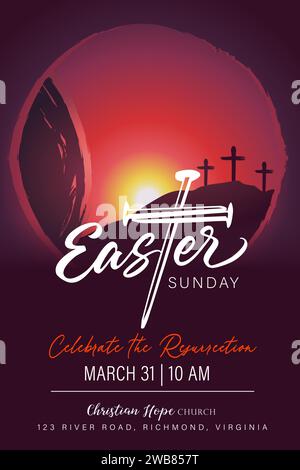 Modello di striscione della chiesa della domenica di Pasqua con croce ungueale. Celebra la Resurrezione, illustrazione vettoriale cristiana per social media o poster Illustrazione Vettoriale