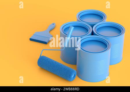 Set di lattine o cestelli metallici con rullo e spazzola per la verniciatura di pareti su sfondo monocromatico. 3d render di ristrutturazione concetto di appartamento e in Foto Stock