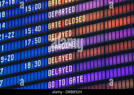 Cartello informativo aeroportuale che mostra gli arrivi e le partenze dei voli nell'aeroporto di Danzica, Polonia © Wojciech Strozyk / Alamy Stock Photo *** Captio locale Foto Stock