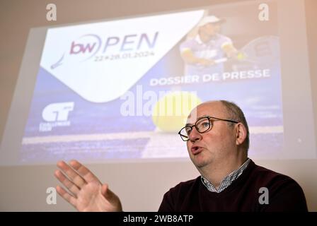 Louvain la Neuve, Belgio. 9 gennaio 2024. Vincent Stavaux è stato fotografato durante una conferenza stampa per presentare la seconda edizione del torneo di tennis BW Open (22-28/01) Challenger, a Louvain-la-Neuve, martedì 9 gennaio 2024. BELGA PHOTO ERIC LALMAND Credit: Belga News Agency/Alamy Live News Foto Stock