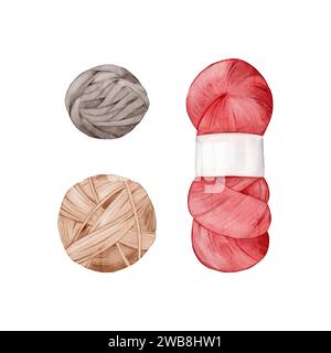 Spiedino con filato di lana fucsia, palline di filo marrone e grigio. Illustrazioni ad acquerello isolate. Clipart per la progettazione di blog sulla lavorazione a maglia, creat Foto Stock