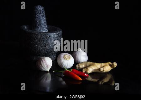 Fresh Single Clove Garlics e Malta, zenzero e peperoncino rosso su sfondo nero con riflesso Foto Stock