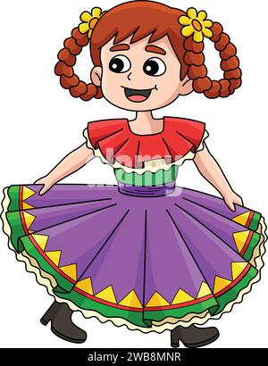 Mexican Girl Dancing Cartoon Colored Clipart Illustrazione Vettoriale