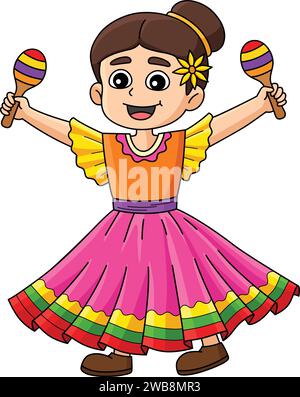 Ragazza messicana con Maracas Cartoon Colored Clipart Illustrazione Vettoriale