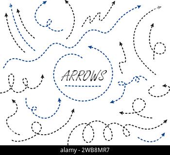 Frecce grandi e segni di direzione. Linea sottile tratteggiata con freccia. Linee tratteggiate con frecce, Illustrazione Vettoriale
