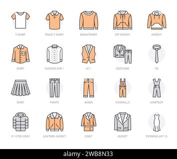 Set di icone a linea piatta in tessuto. Abbigliamento: Giacca, felpa con cappuccio, felpa, pantaloni, polo, camicia, smoking, abiti da sera illustrazioni vettoriali. Segni di contorno per Illustrazione Vettoriale