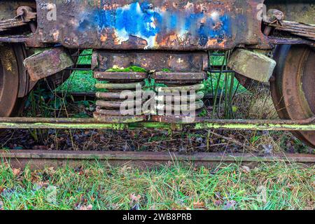 Primo piano delle molle dell'ammortizzatore secondario tra due ruote ferroviarie del carrello, molto vecchie, danneggiate, usurate e corrose dal passare del tempo, in disuso Foto Stock