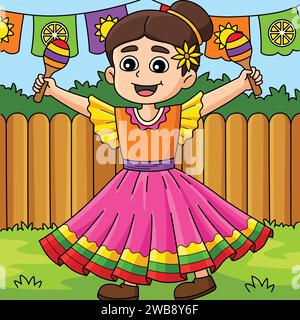 Cinco de Mayo Mexican Girl Maracas colorato Cartoon Illustrazione Vettoriale