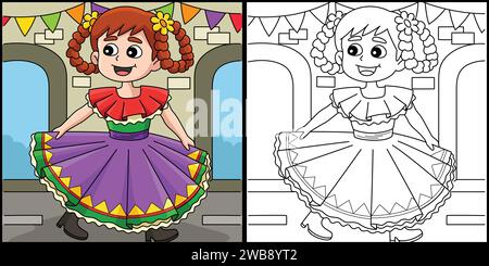 Cinco de Mayo Mexican Girl Coloring Illustration Illustrazione Vettoriale