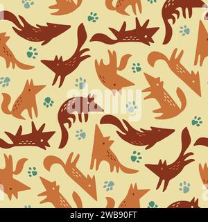 Motivo Vector cute Wolves and Paws Seamless per tessuti o carta da imballaggio Illustrazione Vettoriale