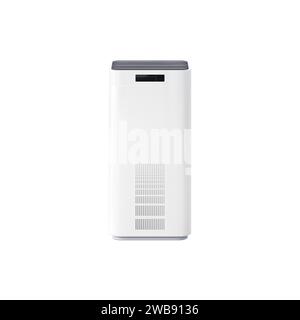 Purificatore d'aria, umidificatore vettoriale realistico e condizionatore per la casa, elettrodomestico in oggetto 3D. Dispositivo elettronico di controllo della climatizzazione e filtro dell'aria, purificatore d'aria domestico isolato e realistico Illustrazione Vettoriale
