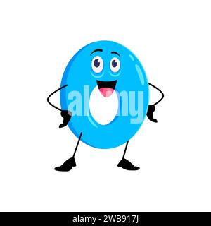 Cartone animato matematica divertente numero zero personaggio. Personaggio isolato della scuola vettoriale numerale 0 con un volto simpatico e giocoso sorridente e un colore blu brillante, perfetto per materiali didattici e giochi per bambini Illustrazione Vettoriale