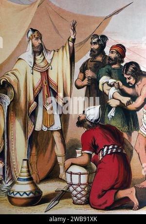 Illustrazione dei Mighty Men di David (Libro di Samuele) dalla Sacra Bibbia del XIX secolo l'altare della famiglia Foto Stock