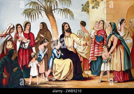 Illustrazione di Gesù Cristo Benedizione bambini (Vangelo di Marco) nuovo Testamento dalla Sacra Bibbia del XIX secolo altare della famiglia Foto Stock