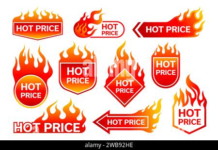 Etichette promozionali a prezzo caldo con fiamme da fuoco in vendita, badge vettoriali. Promozione scontata o offerta speciale per prezzi caldi, etichette per negozi e adesivi con fiamme rosse e gialle per i cartelli dei negozi Illustrazione Vettoriale