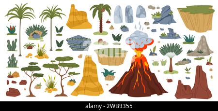 Risorse di gioco in ambiente del periodo Jurassico, vulcano della giungla vettoriale e piante, palme e rocce. Elementi di gioco dei cartoni animati a tema dinosauri: Eruzione lavica vulcanica, rocce di pietra e piante preistoriche di foglie verdi Illustrazione Vettoriale