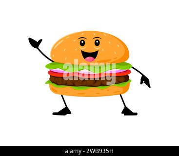 Cartoni animati, hamburger allegro, divertente personaggio da asporto, fast food. Un hamburger antropomorfo vettoriale isolato con un volto sorridente, lattuga, manzo e un corpo di panino con semi di sesamo, che emana un'atmosfera giocosa Illustrazione Vettoriale