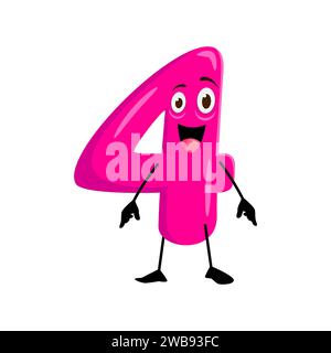 Cartone animato matematica divertente numero quattro personaggio. Personaggio isolato a 4 cifre vettoriali con un sorriso ampio, occhi e arti goocchi. Il divertente simbolo numerico rosa porta risate alle equazioni e all'istruzione Illustrazione Vettoriale