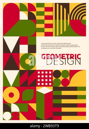 Poster moderno astratto con motivo messicano di motivo geometrico Bauhaus. Modello vettoriale per poster promozionale evento, layout per volantini aziendali con forme geometriche astratte messicane o motivo Bauhaus Illustrazione Vettoriale