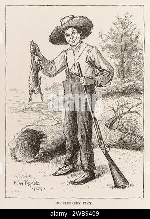 «Huckberry Finn» Frontispiece Illustration from «Adventures of Huckleberry Finn (Tom Sawyer's Comrade)» di Mark Twain (1835-1910), artwork di E. W. Kemble (1861-1933). Fotografia di una prima edizione statunitense del 1885. Credito: Collezione privata / AF fotografie Foto Stock