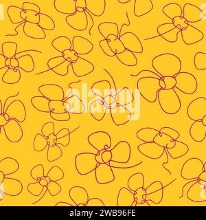 Pattern contorno vettoriale senza cuciture con quattro fiori di petali sfondo giallo Illustrazione Vettoriale