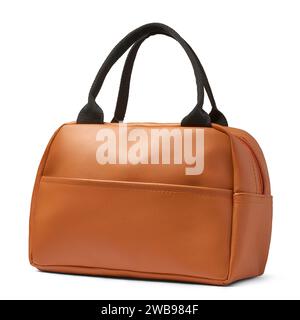 borsa classica in pelle di tela beige, look resistente e casual, vista frontale e da vicino di una borsa o borsa per la spesa semplice e di lusso con manico nero Foto Stock