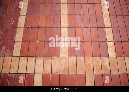 Pavimento in mattoni rossi ordinato su uno sfondo a motivi. Foto Stock