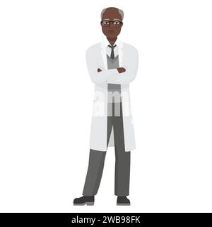Medico in piedi con le braccia incrociate. Operatore ospedaliero medico in uniforme cartone animato illustrazione vettoriale Illustrazione Vettoriale