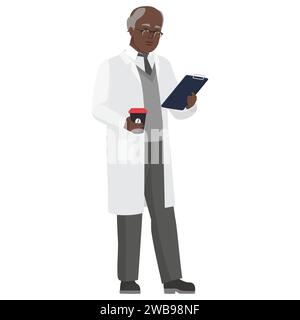 Un medico che legge con il caffè. Operatore clinico ospedaliero che legge l'analisi cartoon illustrazione vettoriale Illustrazione Vettoriale