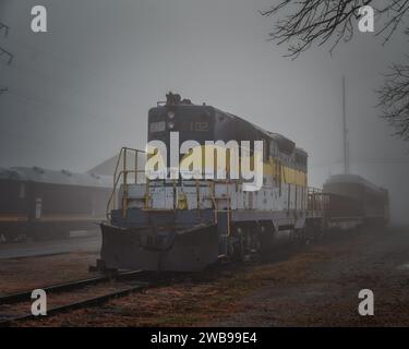 Un treno d'epoca che si snoda attraverso un paesaggio rurale poco appannato Foto Stock